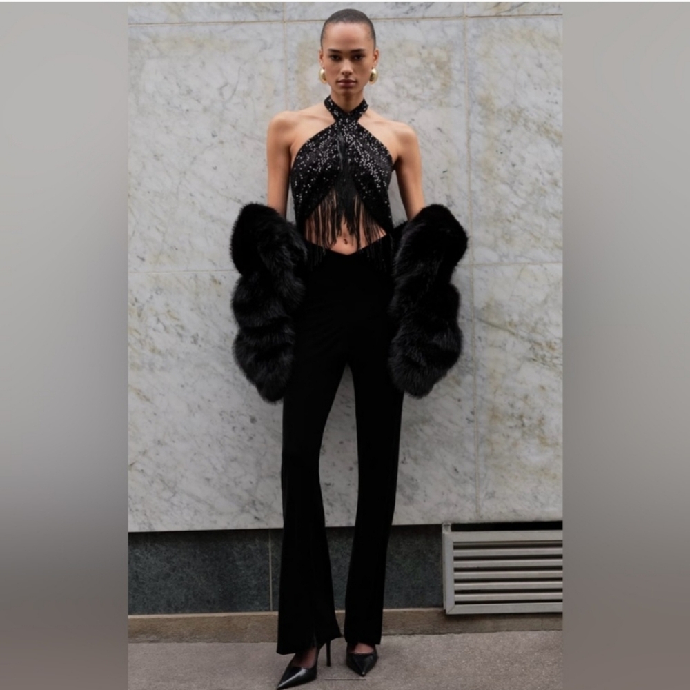 ❌️SOLD❌️FRINGED SEQUIN HALTER NECK JUMPSUIT SIZE S - Picture 4 of 11